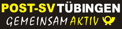 Ein schwarzes Banner mit großem, auffälligem Text. Oben steht in gelber Schrift "POST-SV TÜBINGEN", darunter in weißen Buchstaben "GEMEINSAM" und in einer dynamischen, handschriftlichen Schriftart "AKTIV" in gelb. Rechts neben dem Text befindet sich ein stilisiertes, gelbes Symbol, das an einen Sportteller erinnert.