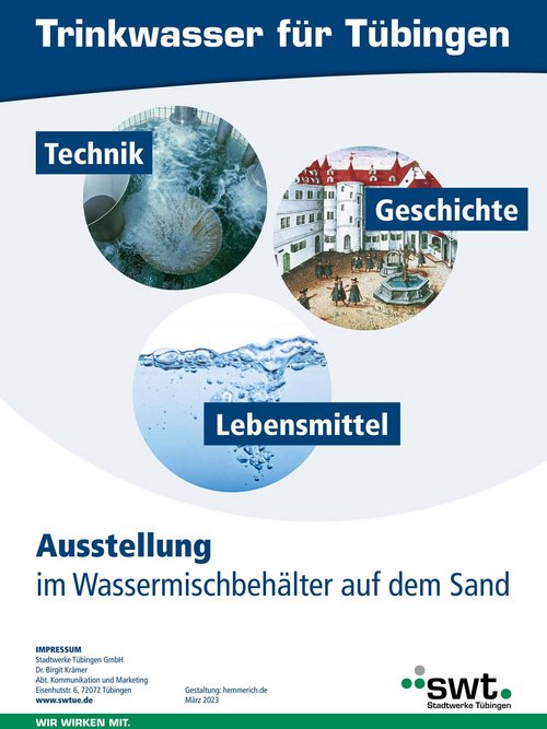 Technik mit einer Darstellung von Wassertechnik, Geschichte mit einer historischen Szene und Lebensmittel mit einem Bild von Wasser. Darunter steht "Ausstellung im Wassermischbehälter auf dem Sand". In der unteren Ecke befindet sich das Logo von Stadtwerke Tübingen und das Datum "März 2023".