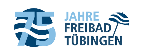 Logo mit der Zahl 75, dem Text "Jahre Freibad Tübingen" und einem bunten Sonnenschirm auf dunkelblauem Hintergrund