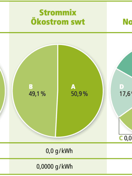 Vier Kreisdiagramme zum Strommix 2024 von Stadtwerke Tübingen und Deutschland: Unterschiedliche Anteile erneuerbarer und fossiler Energien sowie CO₂-Emissionen. Ökostrom von Stadtwerke Tübingen stammt zu 100 % aus deutschen Anlagen, Unternehmensmix enthält auch fossile Energien.
