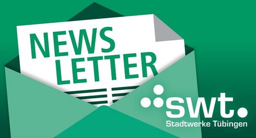 Ein grüner Hintergrund mit einem geöffneten Umschlag, aus dem ein Blatt Papier herausragt. Auf dem Papier steht in großen Buchstaben "NEWS LETTER". In der unteren rechten Ecke ist das Logo von "swt." zu sehen, das für Stadtwerke Tübingen steht.
