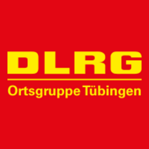 Ein rotes Logo mit gelbem Text. In der oberen Reihe steht "DLRG" und in der unteren Reihe "Ortsgruppe Tübingen".