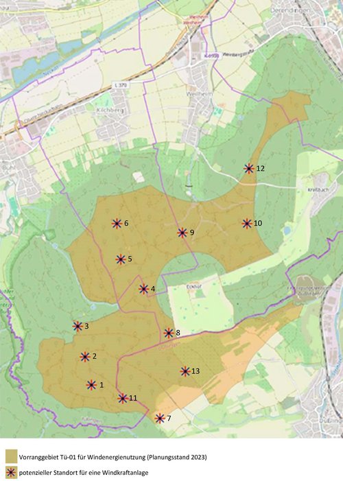 Eine landwirtschaftliche Karte zeigt ein Gebiet, das für die Nutzung von Windenergie vorgesehen ist. Die Karte ist in verschiedenen Farben markiert, wobei orangefarbene Bereiche potenzielle Standorte für Windkraftanlagen darstellen. Zahlreiche Symbole sind über die Karte verteilt, die mögliche Windkraftanlagenstandorte kennzeichnen, nummeriert von 1 bis 13. Eine lila Linie umreißt die Grenzen des Gebiets, während Straßen und landwirtschaftliche Flächen ebenfalls eingezeichnet sind. Im unteren Bereich befindet sich eine Legende, die die Bedeutung der Farben und Symbole erklärt.