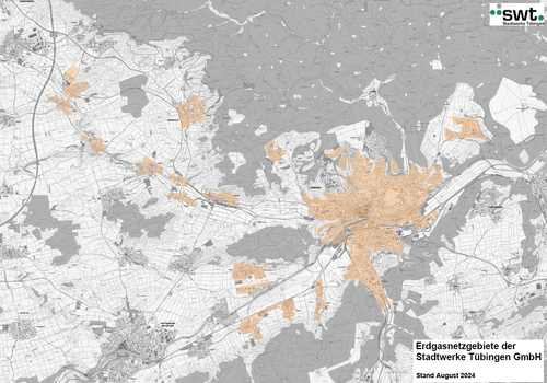 Abbildung einer Landkarte mit den markierten Versorgungsbieten des swt-Gasnetzes