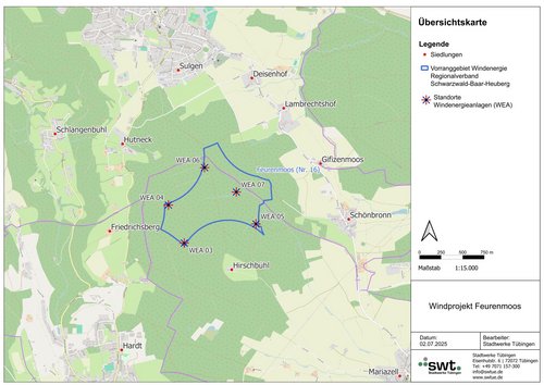 Eine Übersichtskarte zeigt die Standorte von Windenergieanlagen (WEA) und Siedlungen in der Umgebung von Feurenmoos. Die WEA sind mit Sternen markiert, das Gebiet für Windenergie ist durch eine blaue Linie eingegrenzt. Siedlungen sind durch rote Punkte dargestellt. Die Karte enthält auch eine Legende und Maßstab.