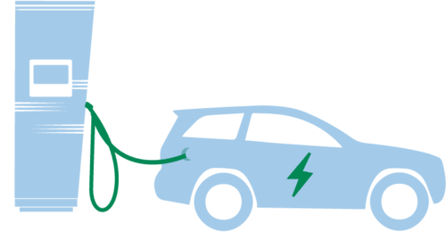 Zwei Elektroautos, die an Ladestationen angeschlossen sind. Jedes Auto hat ein grünes Kabel, das zu einer Säule führt, die die Ladestationen darstellt. Die Autos sind in einem leicht blauen Farbton dargestellt, und beide haben ein grünes Blitzsymbol, das Elektrizität symbolisiert. Die Ladestationen sind ebenfalls in blauen Tönen gehalten.
