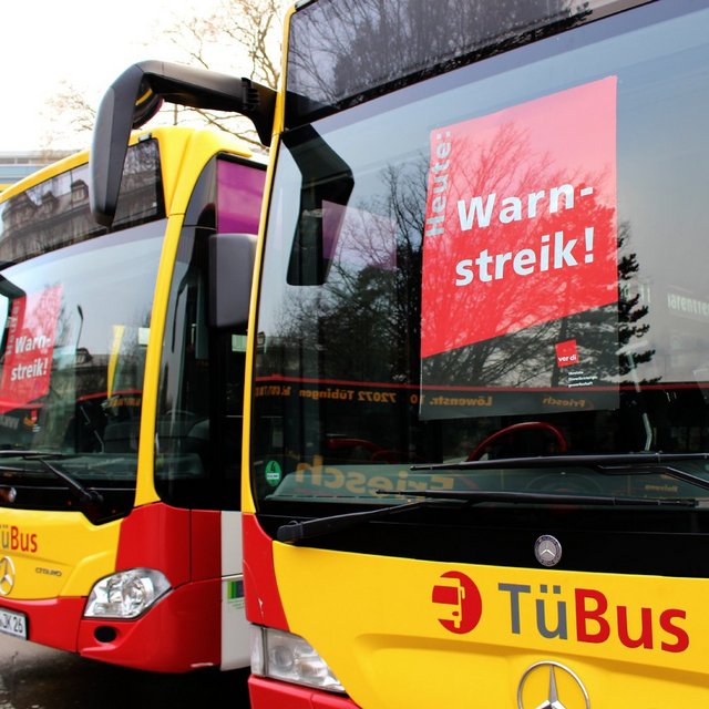 Warnstreik!" sowie das Logo der Gewerkschaft ver.di. Im Hintergrund sind Bäume und ein Gebäude zu sehen.