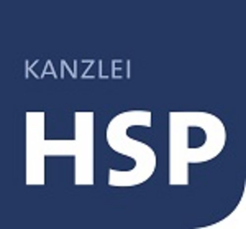 www.kanzlei-hsp.de Ein quadratisches Logo mit einem dunkelblauen Hintergrund. Der Text "KANZLEI" steht oben und darunter befinden sich die großen, weißen Buchstaben "HSP".