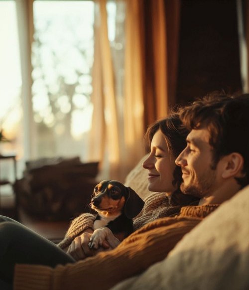 Ein junges Paar sitzt gemütlich auf einem Sofa, umarmt ihren kleinen Hund und blickt entspannt in die Ferne. Das Licht des Sonnenuntergangs strömt durch große Fenster und schafft eine warme, einladende Atmosphäre im Raum, der von weichen Kissen und einer behaglichen Einrichtung geprägt ist.