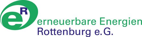 erneuerbare Energien Rottenburg e.G. Ein Logo mit dem Text "eR erneuerbare Energien Rottenburg e.G." Das "eR" ist in grüner Schrift, wobei das "e" in einem stilisierten Design erscheint. Der restliche Text "erneuerbare Energien Rottenburg e.G." ist in verschiedenen Grüntönen und lila gefärbt, wobei die Buchstaben klar und modern wirken.
