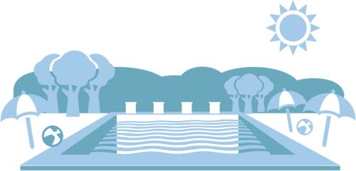 Ein Schwimmbecken mit gewellten Wasserlinien, umgeben von Bäumen und einer toten Landschaft. In der Nähe befinden sich zwei Sonnenschirme und ein Strandball. Über dem Becken scheint die Sonne.