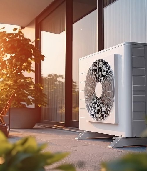 Auf einem Balkon steht eine weiße Klimaanlage neben einer großen Fensterfront, durch die das Sonnenlicht strömt. Im Hintergrund sind grüne Pflanzen und ein gemütlicher mit einem Kissen dekorierter Sessel sichtbar. Die Szene vermittelt eine entspannte Atmosphäre bei Sonnenuntergang.
