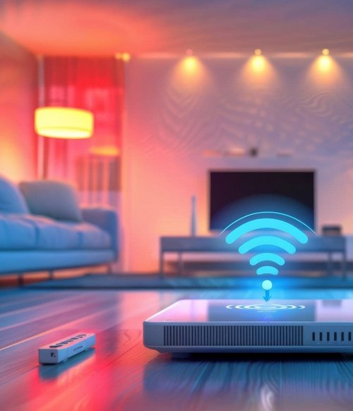 Moderner WLAN-Router steht auf einem Holzfußboden in einem stilvoll beleuchteten Wohnzimmer. Über dem Router schwebt ein leuchtendes WLAN-Symbol, im Hintergrund Sofa, Fernseher und Dekoration.