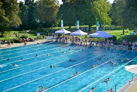 Ein Schwimmbecken mit klar blauem Wasser, in dem mehrere Personen schwimmen. Gewöhnliche Schwimmbahnen sind markiert, und einige Schwimmer tragen grüne Badekappen. Am Rand des Beckens stehen mehrere weiße Zelte, unter denen Menschen sitzen. Im Hintergrund sind grüne Bäume und eine Wiese sichtbar, auf der einige Personen entspannen. Das Wetter ist sonnig und die Szene wirkt lebhaft und einladend.