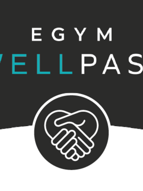 Ein Logo mit dem Text "EGYM WELLPASS" in weißer und türkisfarbener Schrift auf einem schwarzen Hintergrund. Darunter befindet sich ein Symbol mit zwei sich schüttelnden Händen in einem runden, schwarzen Kreis.