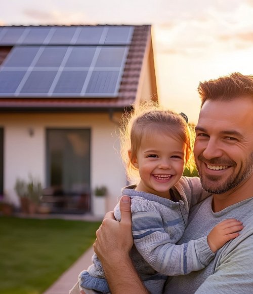 Ein glücklicher Vater hält seine lächelnde kleine Tochter auf dem Arm vor ihrem Haus mit Sonnenkollektoren auf dem Dach.