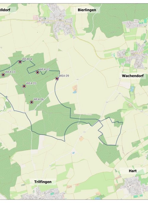 Eine Karte zeigt eine Übersicht über ein Windparkprojekt in Starzach. Verschiedene Standorte für Windkraftanlagen sind durch Sterne markiert, mit den Bezeichnungen WEA 03 bis WEA 09. In der Legende wird auf das Vorhaben des Regionalverbands Neckar-Alb hingewiesen. Die Umgebung umfasst Städte wie Bad Imnau, Felldorf, Bierlingen, Wachendorf, Hart und Triflingen. Die Karte enthält auch Maßstab und Datum der Erstellung.