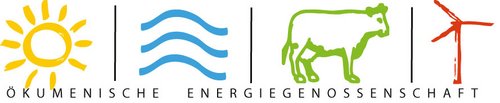 Ökumenische Energiegenossenschaft Ein gelbes Sonnensymbol, gefolgt von einem blauen Wellenmuster, einem grünen Kuhsymbol und einem roten Windrad. Darunter steht in Großbuchstaben der Text "ÖKUMENISCHE ENERGIENOSSENSCHAFT".