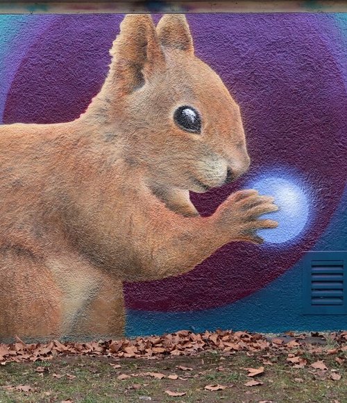 An Wandgemälde eines Eichhörnchens, das eine leuchtende Kugel in seiner Hand hält. Das Eichhörnchen ist detailliert und realistisch dargestellt, mit einem dicken, buschigen Schwanz und großen, glänzenden Augen. Der Hintergrund ist in lebendigen Farben gehalten, mit einem sanften Übergang von blau und lila, der die Szene hervorhebt. Vor der Wand liegen Farbdosen und Sprühdosen auf dem Boden zwischen vertrockneten Blättern.